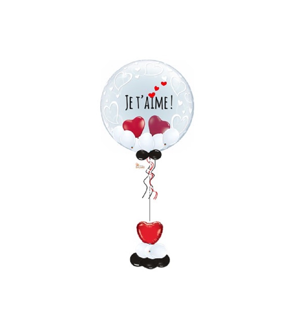 Ballon bulle bubble transparent Je t'aime incrustation mini-ballons + 2  coeur rouge