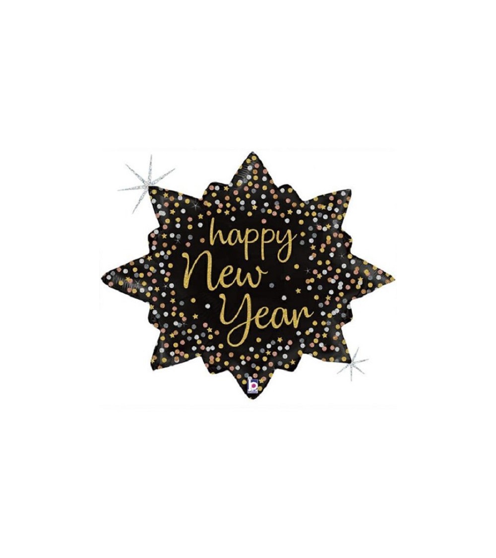 Ballon Joyeux nouvel an - Happy New Year - noir avec pois rose gold et or -  45 cm helium aluminium mylar